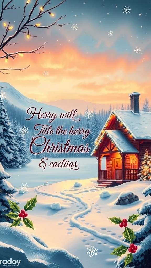 A custom Christmas card with a snowy cabin scene and festive decorations.